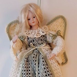 Blonde Hair Doll with Angel Wings 15" Ceramic & Cloth